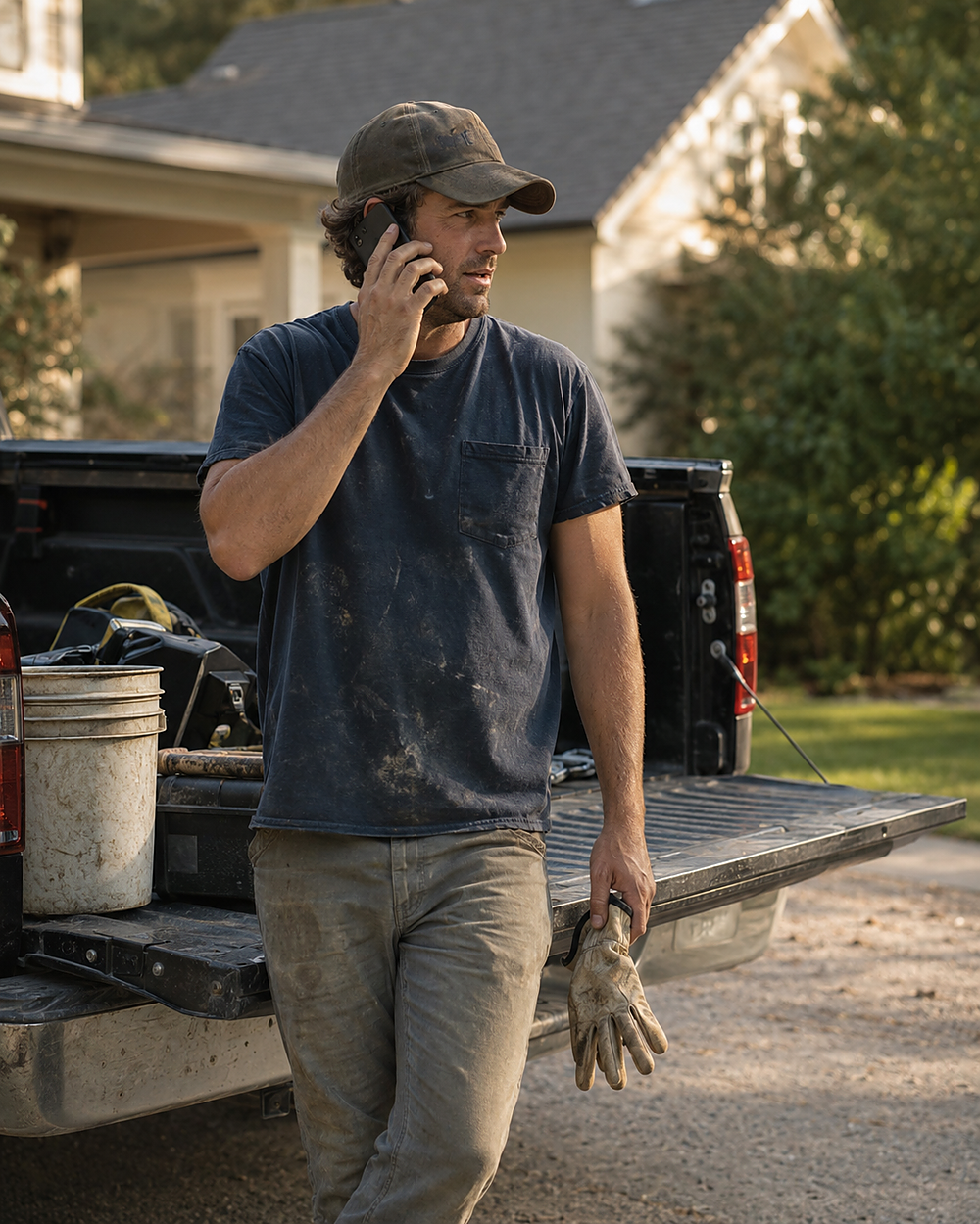 A home-service contractor standing by his open work van, taking a phone call with work gloves in his hand.
